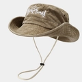 Cappello da trekking retrò in cotone a tesa larga con ricamo montagna e cordino antivento - M (56-58cm) / Cachi