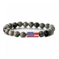 Detailed shot of elastic beaded bracelet with marble texture and American flag bead - Map Stone Long