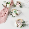 Set of four rose flower napkin rings in pink and white with ribbons and green leaves - Bowknot Rose
