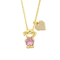 Collar dorado con colgante de niña, piedra preciosa de corazón rosa y un pequeño corazón - Niña-Piedra de corazón rosa