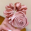 Elegant large pink satin rose flower hair scrunchie with a soft glossy silk-like finish - Korean Pink