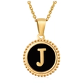 18K gold stainless steel necklace with round black shell pendant and golden letter J - Gold J (With Chain)