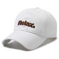 White baseball cap with brown 3D 'Relax.' embroidery and soft cotton structure - Adjustable / White