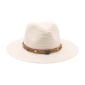 Chapeau Fedora en paille beige avec ruban perlé ethnique et ornement en pierre - Blanc