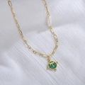Gold chain necklace featuring a green malachite dragonfly pendant and a baroque pearl - Malachite Dragonfly-Baroque Pearl (YCN916-lvsong)