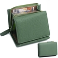 Dark green RFID leather trifold wallet with zip pocket and lychee texture detail - Avocado Green