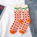 Pink Lolita crew socks with cartoon cat motif and heart pattern on white fabric - One Size / Beige/Heart Cat