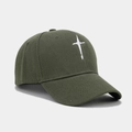 Detail view of olive green cotton baseball cap with white cross embroidery and twill texture - Army Green
