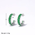 Silver C-shaped earrings featuring vibrant green heart-shaped zircons and dimensions - Silver-Green Zircon