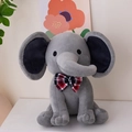 Plush elephant baby toy in grey with a red checkered bowtie in sitting pose - Grey With Plaid Bow Tie