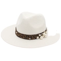 White Panama straw hat with leopard print ribbon and pearl floral accents for women - White
