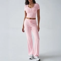Pink Y2K two-piece tracksuit with U-neck short top and drawstring pants for women - S / Pink