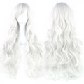 Long wavy silver white cosplay wig with side bangs displayed on a mannequin head - Silver
