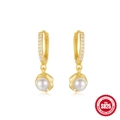 Elegant S925 sterling silver hoop earrings with white pearls and sparkling zircons - Zirconia Hoop Pearl Dangle / Gold