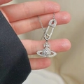 Silver crystal planet and safety pin pendant necklace in high quality stainless steel - 383 Steel Necklace