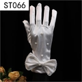 Close-up of white satin wedding gloves with elegant pearls and a large bow detail - White Satin Large Bowknot Four Pearls (ST066)