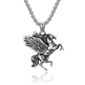 Silver Pegasus pendant necklace with a woven chain on a white reflective surface - Horse + Titanium Steel Chain