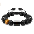 Detail of 10mm lava rock and tiger eye beaded bracelet with gold letter E charm - Letter-E