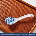 Blue and white floral ceramic spoon with brown rim, size 16cm by 4.5cm - Spider Plant-Brown Line