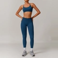 Women's dark blue seamless yoga set including sports bra and high waisted leggings - S / Sports Bra + Leggings / Navy Blue