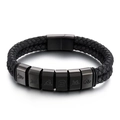 Men's double-layered black braided leather bracelet with six engraved black metal beads - Black / 19cm