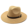 Classic khaki straw jazz hat with black leather belt buckle shown in a top view - M (56-58cm) / Khaki