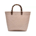 Pink woven straw tote bag with natural bamboo handles and vintage leather details - Beige