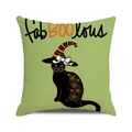 Detailed close-up of a green Halloween cushion cover with a black cat in a wizard hat - Orange Flower Black Cat Wizard