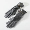 Women's warm gray wool gloves with fleece lining and gold horsebit metal buckle detail - 169 Grey