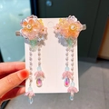 Pink floral hair clips with pearls and tassels for girls Chinese style hair jewelry - Glaze Double Flower Orange Pair Clip (313#)