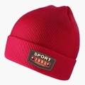 Detail view of pink knit beanie with leather patch featuring Sport and 1993 embroidery - L(58-60cm) / Red