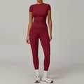 Women's burgundy brushed yoga set with high waist leggings and short sleeve top - S / Top And Bottom / Short Sleeve + Leggings / Cherry Red
