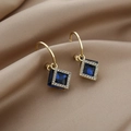 Golden hook earrings featuring blue square gemstone and crystal border on silk - Gold Blue Gem Square Earrings