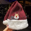 Sparkly red sequin Christmas hat with white plush trim and reindeer decoration - Red Sequin Reindeer Christmas Hat