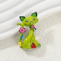 Cute green cartoon cat enamel brooch with pink flowers and colorful patches - Green Cat
