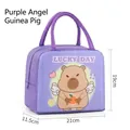 Purple insulated lunch bag with cartoon capybara print and Lucky Day text design - Purple Angel Guinea Pig