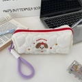 Close-up of quilted heart-pattern pencil case with cute dog embroidery and purple handle. - White (Dog with Red Hood Style)