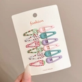 12-piece set of colorful drop-shaped metal hair clips with floral and plaid patterns - 5# Green Pink Purple