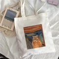 White canvas tote bag featuring creative cat version of The Scream art print - Cat Version of The Scream