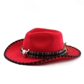 Detail of red wool cowboy hat featuring a silver bull head charm and woven striped band - M (56-58cm) / Red With Black Edge