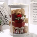 Brown teddy bear with red and white soap roses in a round transparent gift box - Light Coffee Bear + Red Bouquet + Round Gift Box