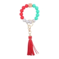 Silicone bead keychain bracelet in red marble finish with wooden bead and leather tassel - Red