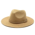 Detail of straw sun hat featuring a brown faux leather band and gold metal buckle - M(56-58cm) / Khaki
