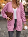 Pink V-neck knit cardigan with bubble sleeves and side pockets for women in spring - S / Pink