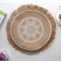 Round jute placemat with white mandala print and tassels in bohemian style - Type E Jute Tassel