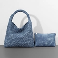 Deep blue woven hobo bucket bag set with matching zipper pouch and vintage finish - Denim Blue