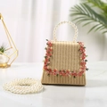 Mini straw handbag for children with pearl handle and pink flower embroidery - Pearl Chain / Apricot