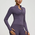 Slim fit dark purple yoga jacket and leggings set with thumb holes for active women - S / Eggplant Purple