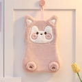 Pink cartoon bear hanging hand towel in soft double-layer coral fleece material - Warm Bear / Smoky Pink