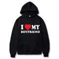 Black cotton hoodie featuring white I Love My Boyfriend print with front pouch pocket - S / Tops / Black